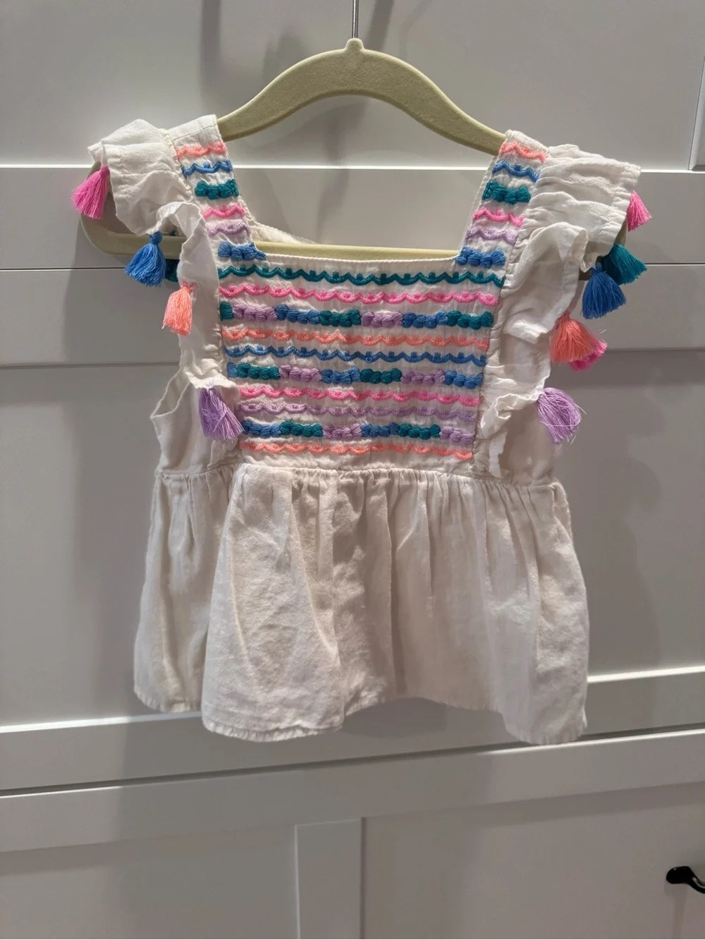 Cat & Jack Girls White Smocked Tassel Tank Top - Colorful Embroidery